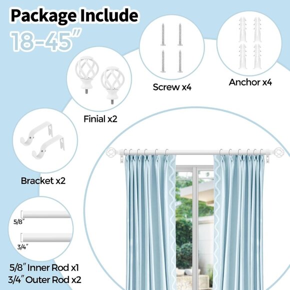 White Curtain Rods for Windows 18-45 Inch With Twisted Cage Finials Adjustabl... - Picture 9 of 9